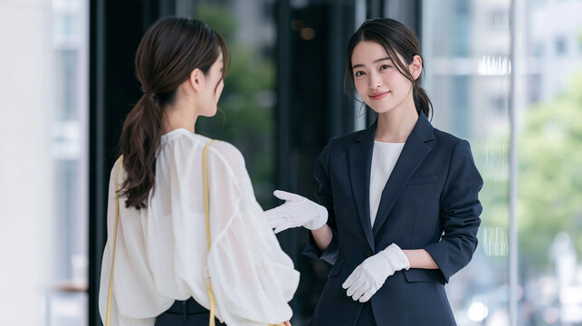 Professional Encounter: Two professional women in a business setting engage in a polite conversation, one offering assistance with a welcoming gesture.