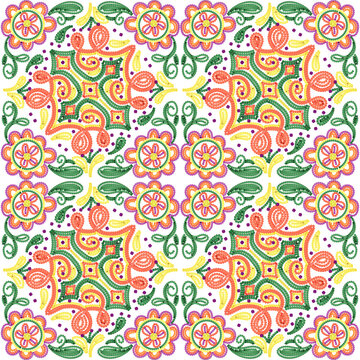 Bright floral beaded embroidery seamless pattern with colorful beads on png. 