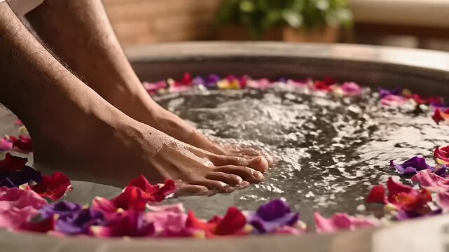 Feet soaking in spa basin filled with flower petals and bubbles at relaxation center