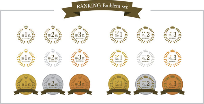 金銀銅のランキングメダル・月桂樹エンブレムアイコンセット 第1位・第2位・第3位の日本語表記