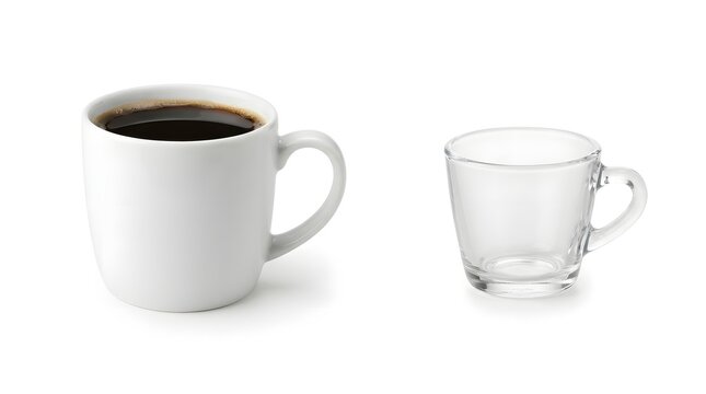 White ceramic coffee mug and empty glass espresso cup