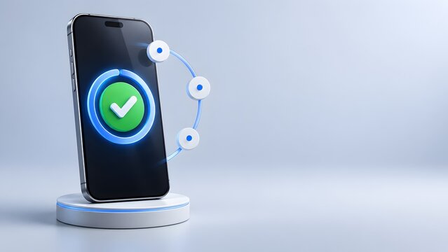 3D render of smartphone with green check mark on screen symbolizing successful digital verification security approval and mobile transaction completed
