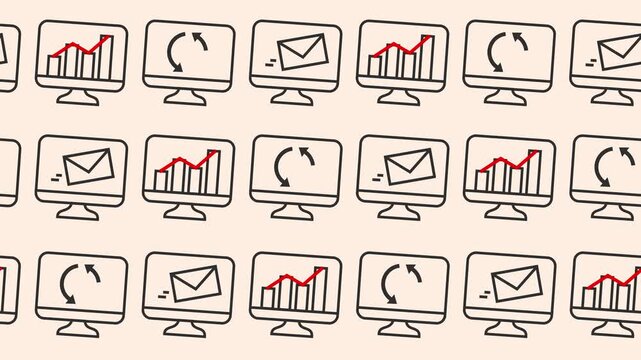 Seamless pattern of computer monitor screens with sync refresh arrows, email inbox message, and rising growth chart cartoon graphics background animation for business management wallpaper.