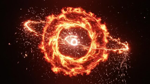 Glowing fiery ring with rotating sparks flying around it in an abstract display
