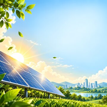 Large Solar Panel Array Under Bright Sunlight with Green Landscape and City