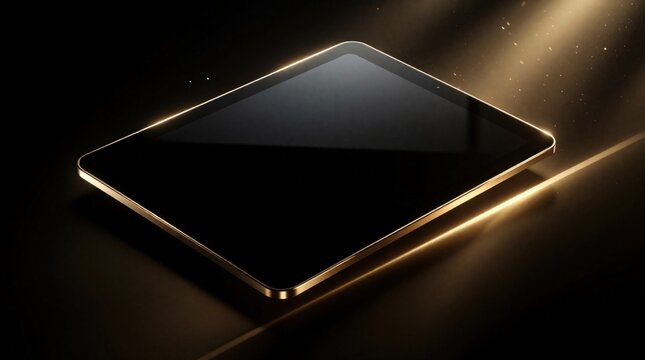 Modern black tablet with glowing golden edges on dark background. Sleek electronic device features luxury design, futuristic tech concept. Minimalistic digital pad shines under warm light rays in