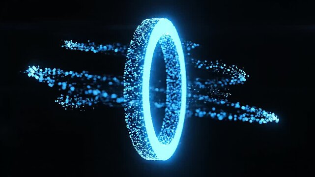 Rotating glowing blue ring with circular light particles in dark space environment