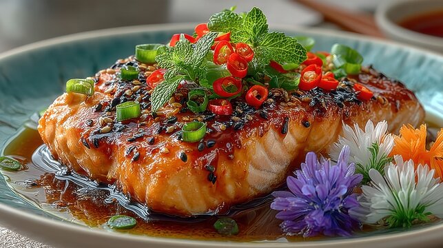 Grilled Salmon Fillet with Colorful Garnish and Herbs on Plate Surrounded by Vibrant Edible Flowers and Savory Sauce