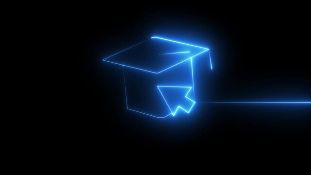 neon outline of a graduation cap with a computer cursor icon on a dark background, representing online education, digital learning, e-learning, academic achievement, graduation, knowledge, technology,
