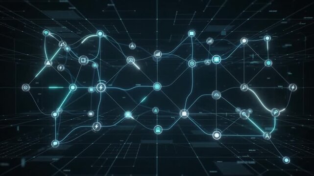 Digital data network connecting nodes across a dark futuristic interface