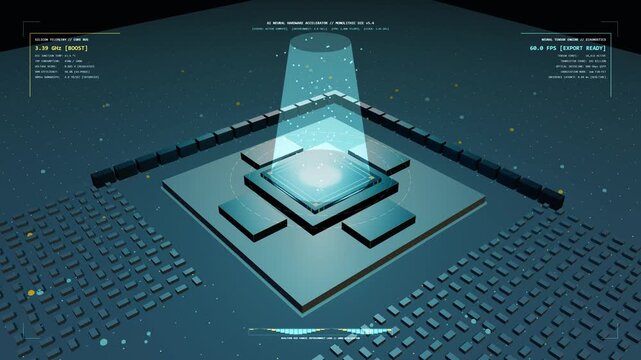 Seamless 4K 60FPS 3D animation of a hyper-futuristic AI neural accelerator silicon processor with dense circuit substrate, floating holographic HUD telemetry, and streaming energy conduits on deep.