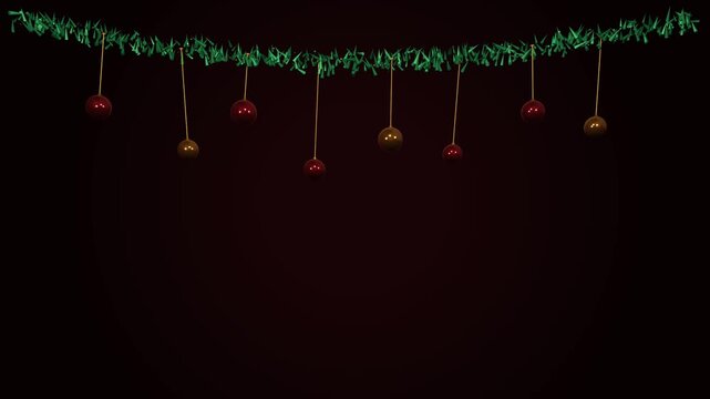 Premium 4K 60FPS seamless looping animation featuring a luxurious Christmas garland canopy with pine needles draped across the top, polished ruby red and champagne gold baubles swaying gently on gold