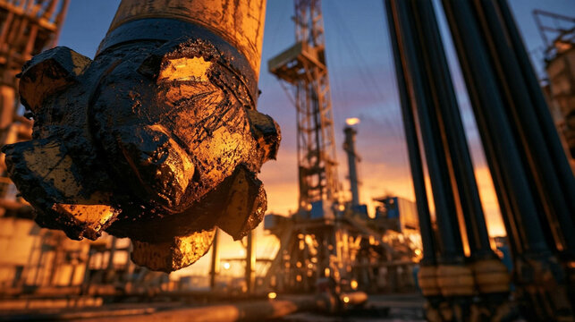 Drilling Rig at Sunset: A close-up view of a heavy-duty drilling bit, coated in dark oil, poised against the dramatic backdrop of an industrial oil rig at sunset, with plumes of smoke or steam rising.