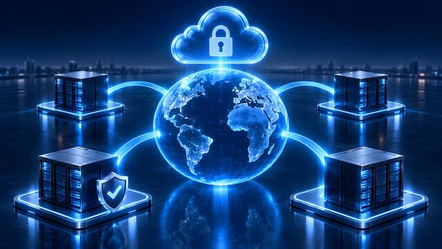 Global secure cloud computing network connecting international server racks to a digital earth globe with padlock icon