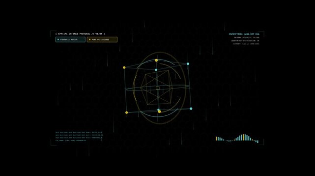 Seamless 4K 60FPS 3D animation of a futuristic cyber security spatial UI with floating holographic glass panels, rotating encryption cube, and real-time telemetry on a pitch-black background.