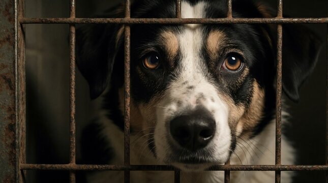 Sad dog behind cage bars looks directly at camera. This abandoned pet needs adoption and loving forever home. A plea for help, animal rescue.