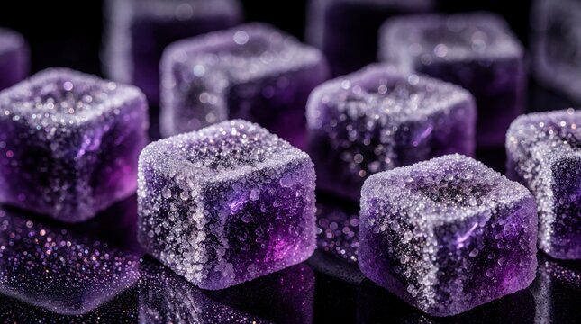 Sweet purple sugar cubes covered in frost glisten on a dark reflective surface. Macro view reveals sparkling crystals, suggesting a delicious treat or unique texture.