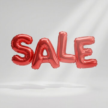 Red sale balloons spelling out sale floating on a white studio background