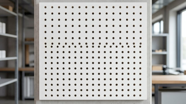 Modern white pegboard mounted on a concrete pillar in a contemporary office or workshop setting, offering a clean and minimalist storage and display solution with blurred background elements.