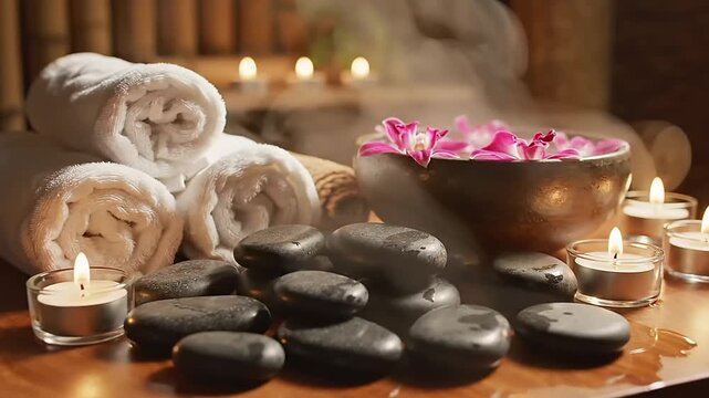 Relaxation at a spa with lit candles, soft steam rising, towels and stones arranged