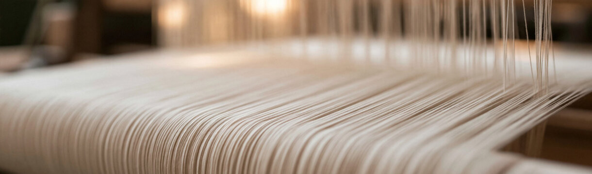 Woven Threads: Close-up of a traditional loom with taut warp threads ready for weaving, showcasing the intricate detail and texture of textile creation.