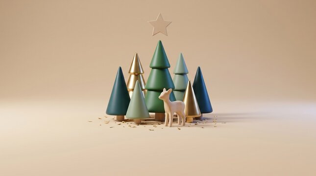 Minimalist Christmas Forest with Wooden Deer and Gold Trees on Beige Background &ndash; Holiday Banner