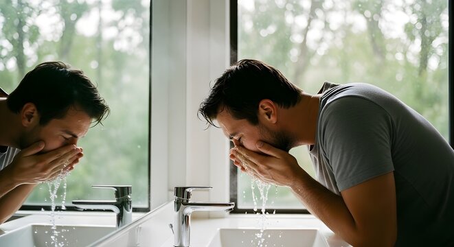 Men Washing Faces Together at Modern Sink Near Window