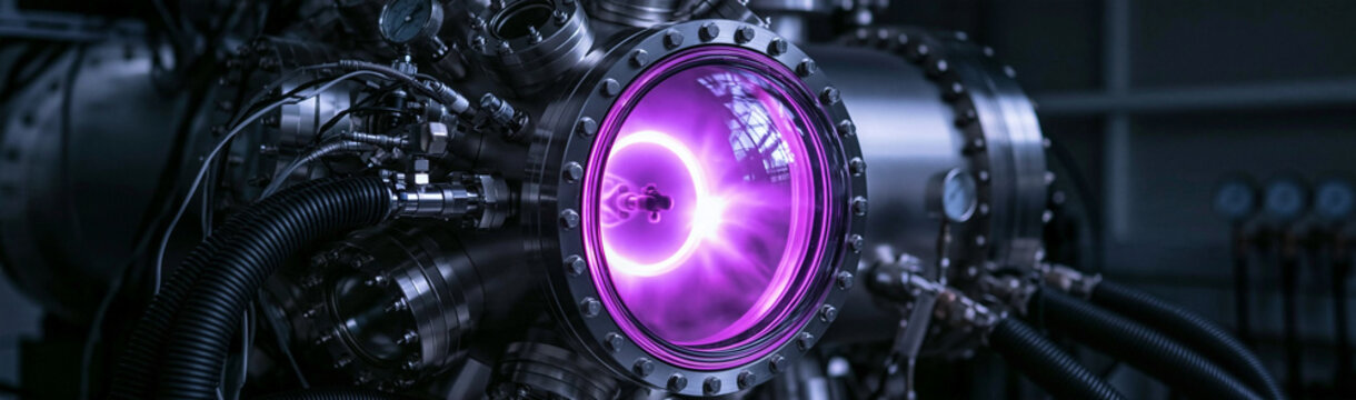Plasma Fusion Experiment: A close-up of a high-tech plasma confinement device, showcasing a vibrant purple toroidal plasma ring within a complex metallic chamber.