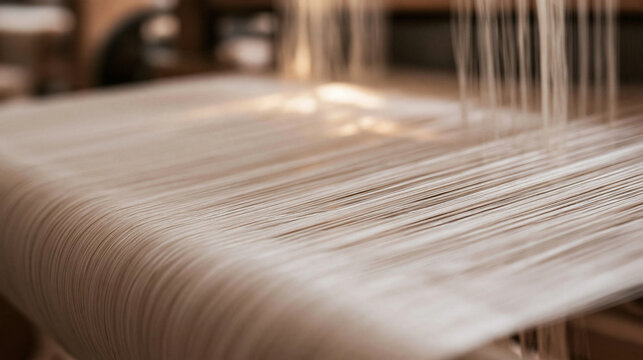 Woven Wonder: Close-up of a loom with delicate threads creating intricate patterns, showcasing the art of textile production and craftsmanship.