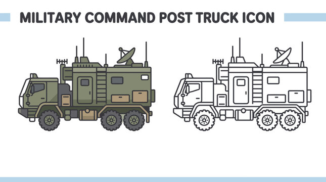 Mobile military command post vehicle icon set featuring colored and line art outline designs of an army armored communication truck with radar antenna and satellite dish for defense operations