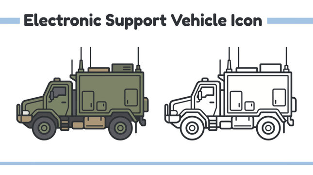 Military electronic support vehicle icon set featuring colored and line art designs of armored communication trucks with antennas for tactical warfare and signal monitoring  illustration