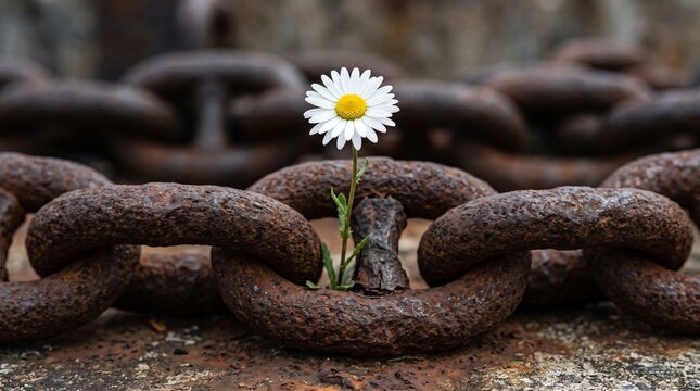 White daisy flower growing through heavy rusty metal chains on weathered surface.