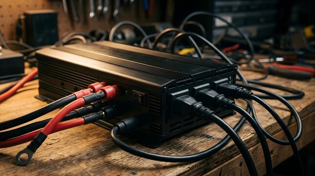 Black power inverter with cables connected on a rustic wooden workbench