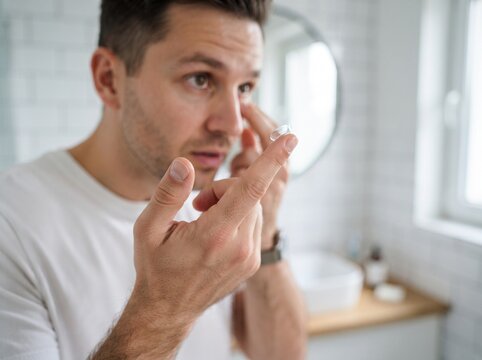 Young man looking in bathroom mirror while carefully inserting soft contact lens into eye with optometry ophthalmology correction insertion bathroom reflection lifestyle grooming practice