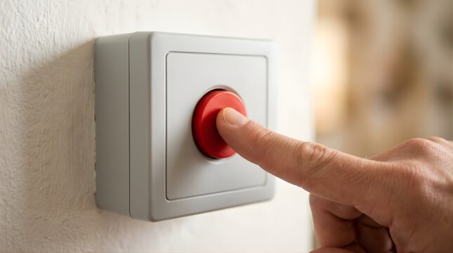 Close up view of human finger pressing a big red button on white wall