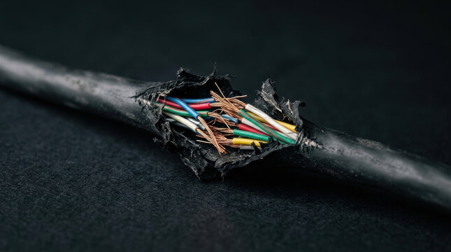 Damaged cable with exposed copper wires and insulation on dark background showing micronutrient deficiency in material quality and wear