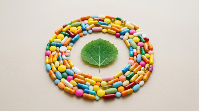 Micronutrient deficiency can be addressed with supplements shown here surrounding green leaf symbolizing natural health and balance in nutrition
