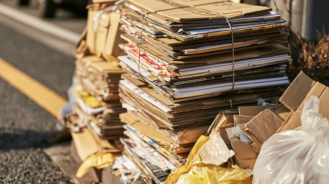 Recycle Pile: A large stack of discarded cardboard and paper materials bundled together on a street, awaiting collection for recycling, highlighting resourcefulness and environmental responsibility.