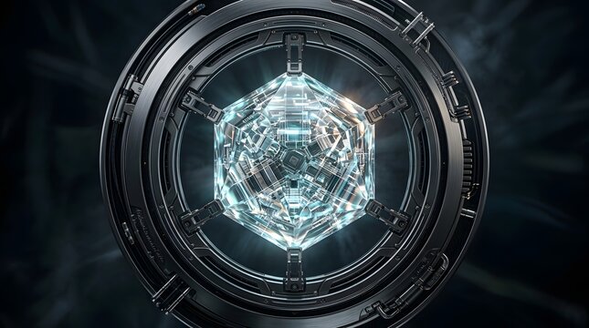 Futuristic diamond encased in a dark metallic structure with glowing blue light