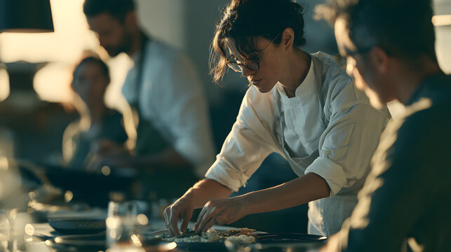 Chef Demonstrating A Plant-Based Seafood Alternative In A Cooking Class, Soft Golden Hour Light, Shot On 85mm Lens, Shallow Depth Of Field, Cool Muted Blue-Gray Palette, Photorealistic
