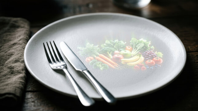 Healthy food concept with fresh fruit and vegetable projection on plate showing micronutrient deficiency awareness for balanced diet
