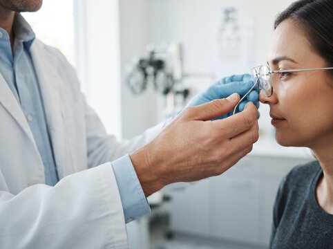 Optometrist adjusting glasses on a patient during an eye examination in a clinic with optometrist optometry adjustment spectacles eyesight consultation optician specialist healthcare