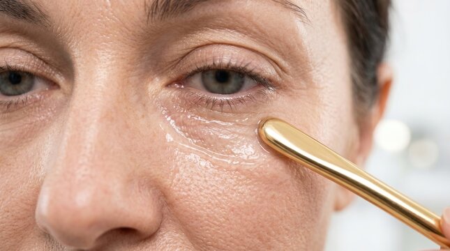 Close up of mature woman applying anti-aging eye serum with golden applicator wand.