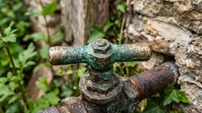 Old weathered brass water valve handle outdoors on rusty pipe against stone wall