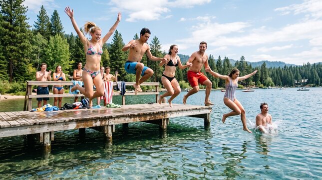 Group of friends joyfully jumping off a wooden dock into a clear blue lake on a sunny day