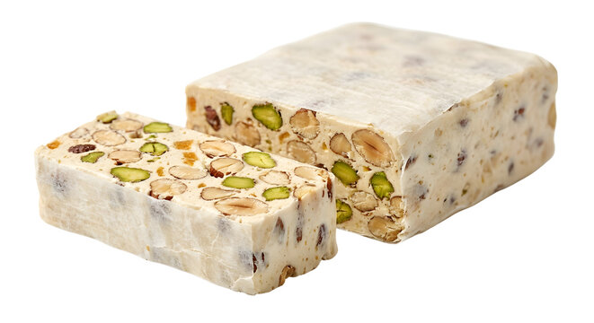 White nougat with pistachios. Isolated sweet confectionery.
