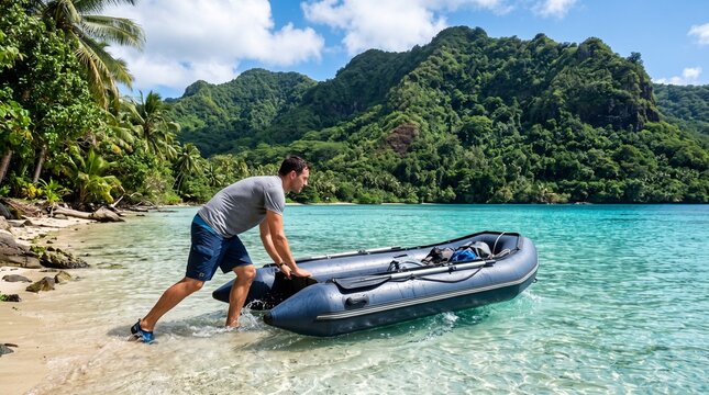 Man Pushing Inflatable Boat into Crystal Clear Tropical Ocean with Lush Green Mountains in Background