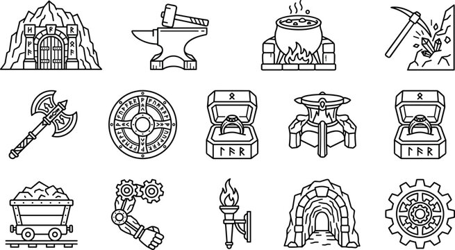 Dwarven Mining and Norse Mythology Line Icon Set with Anvil Cauldron Pickaxe Battle Axe Shield Magic Ring and Mine Cart Symbols for RPG Designs