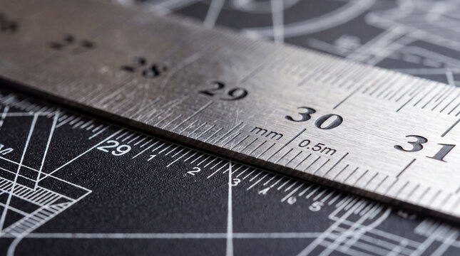 Stainless steel metal ruler resting diagonally over a technical drafting blueprint showing precise metric measurement numbers and lines