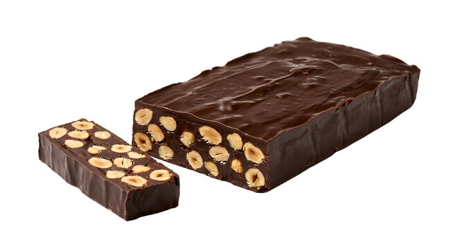 Sliced chocolate hazelnut torrone bar. Isolated dark chocolate confection.